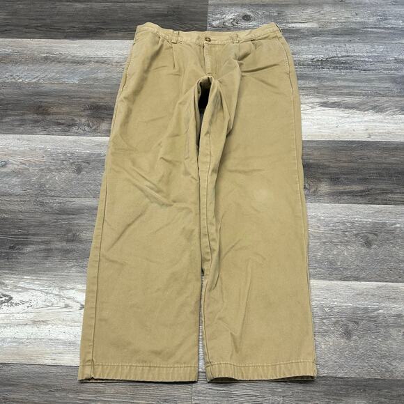 LL Bean‎ Natural Fit Plaid Flannel Lined Khaki Tan Mens 34x27 Cotton Work Pants - Picture 1 of 12